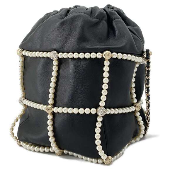 Chanel Rhinestone Lambskin Bag Drawstring Coco Shoulder Pearl Black Mark - Picture 1 of 11